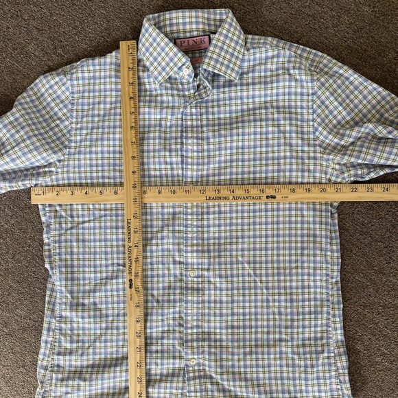 Thomas Pink Button Up Collared Blue Yellow Check Pattern Dress Shirt Size 16 - Picture 3 of 8